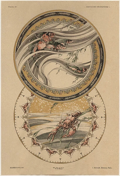 Fishes and lobster, plate 13 from Fantaisies decoratives, engraved by Gillot