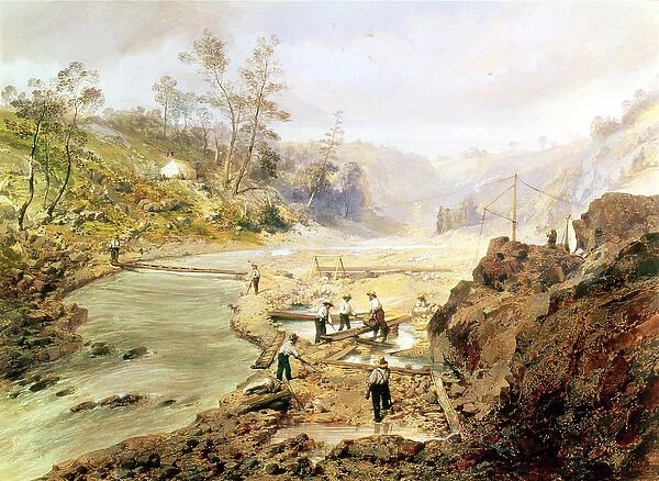 Fortyniners washing gold from the Calaveres River, California, 1858 (oil