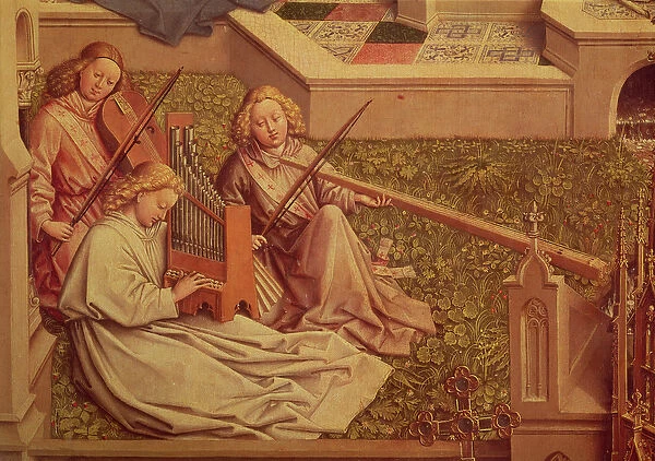 The Fountain of Grace, detail of three angel musicians (oil on panel)