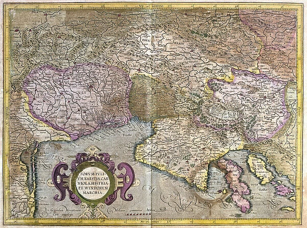 Friuli, Italy - Slovenia (Istria) with the Gulf of Trieste and Balkans (engraving, 1596)