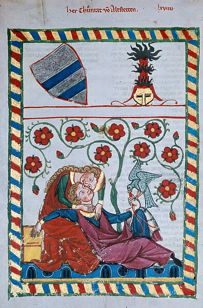 Gallant scene in the Middle Ages. Illumination of the songwriter Manesse, 1300