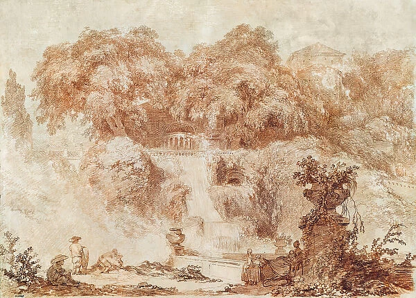 Gardens of the Villa d Este, from the foot of the waterfall (red chalk on paper)