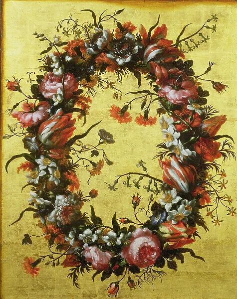 Garland of Flowers on a Gilded Background (oil on panel)