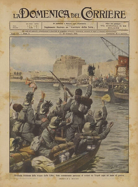 Gradual recall of troops from Libya, happy moving departure of soldiers from Tripoli after a year of war (colour litho)