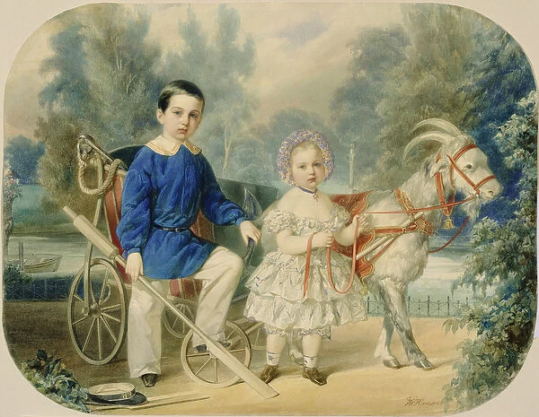 Grand Duke Alexander and Grand Duke Alexey as Children, 1853 (w  /  c on cardboard)
