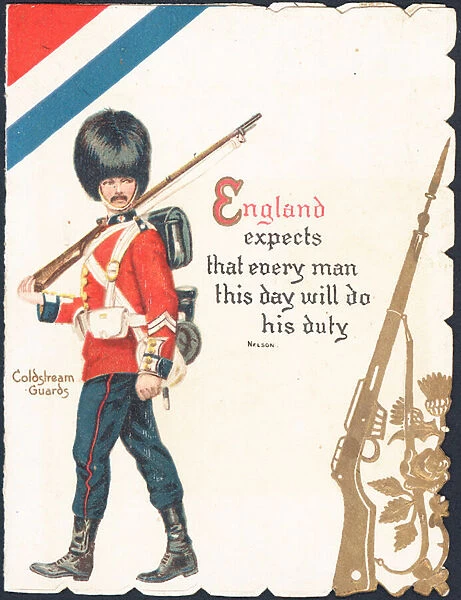 Greeting card with a soldier of the Coldstream Guards (colour litho)