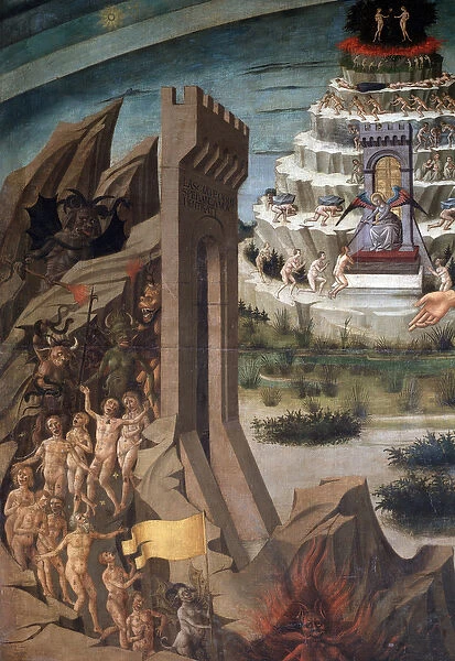 Hell, Paradise and Purgatory. Detail of Dante Alighieri and his comedy (painting, 1465)