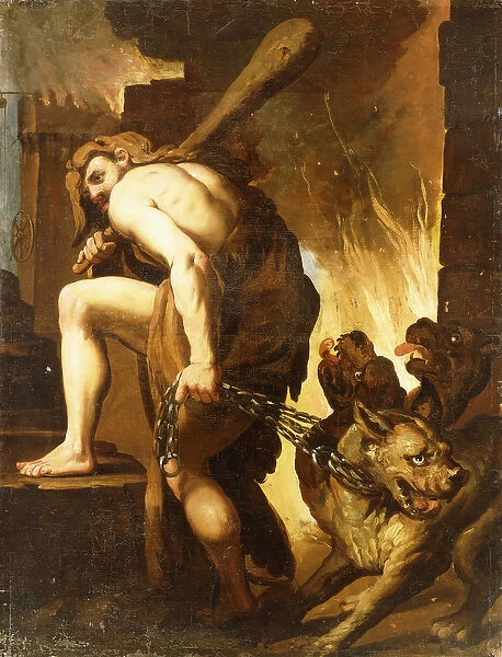 Hercules dragging Cerberus from Hell (oil on canvas)