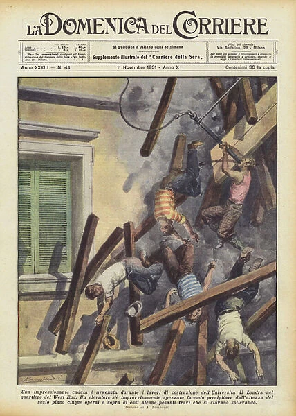 An impressive fall occurred during the construction work of the University of London in... (colour litho)