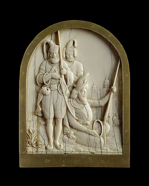 Ivory plaque depicting three Sikh warriors, 1845-1850 (ivory)