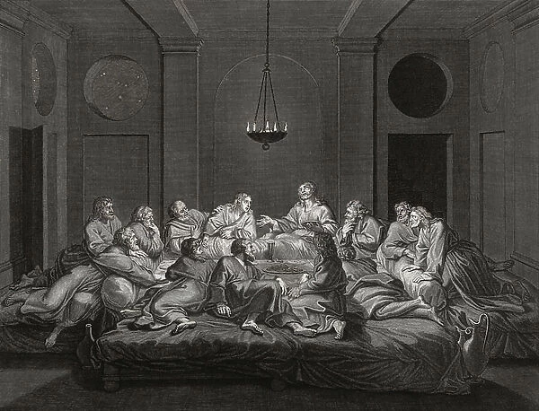 Jesus Christ and apostles at Last Supper. (print)