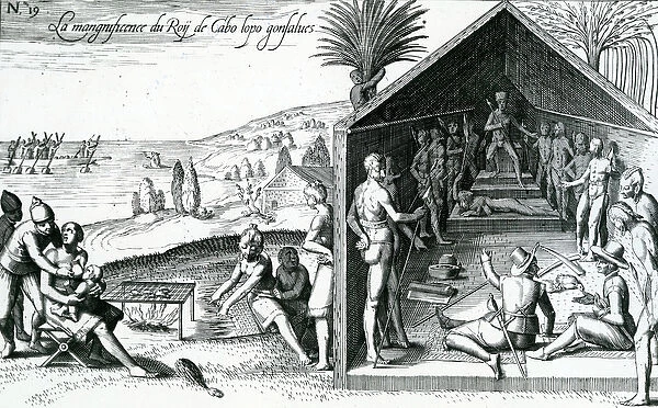 The king receiving European visitors, Cape Lopez, Gabon, Africa, 16th century (engraving)