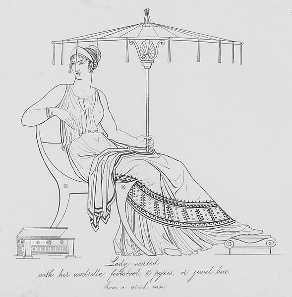 Lady seated with her umbrella, footstool, and pyxis, or jewel box, from a Greek vase (engraving)