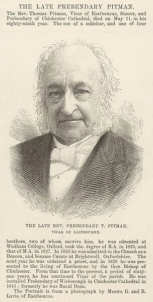 The late Reverend Prebendary T Pitman, Vicar of Eastbourne (engraving)