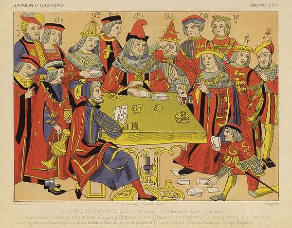 Le Revers du jeu des Suysses, believed to be the oldest political cartoon, 15th Century (chromolitho)