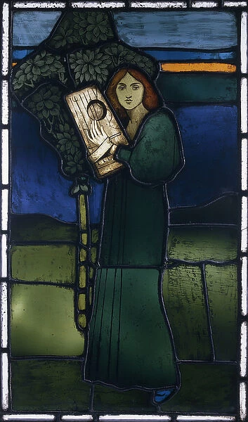 A leaded glass panel depicting a full-length female figure playing a stringed instrument