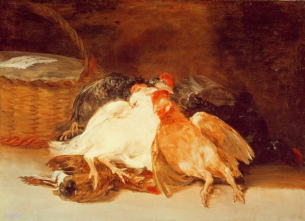 Still Life with dead chickens and a wicker basket (oil on canvas)