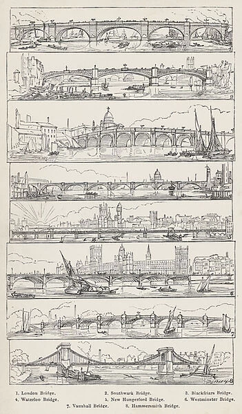 London Bridge, Southwark Bridge, Blackfriars Bridge, Waterloo Bridge, New Hungerford Bridge, Westminster Bridge, Vauxhall Bridge, Hammersmith Bridge (engraving)