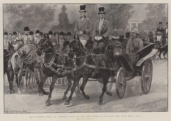 Lord Kitchener passing the Wellington Statue at Hyde Park Corner on his Return from South Africa, 12 July (litho)