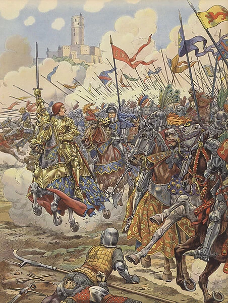 Louis XI of France leading his army into the Battle of Montlhery, 1465 (colour litho)