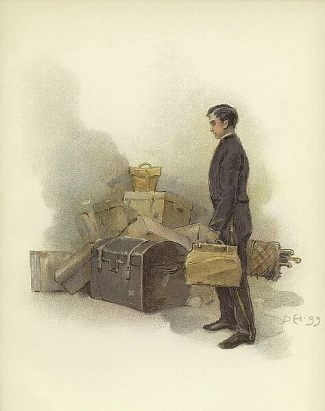 Luggage boy at Claridges Hotel, London (colour litho)
