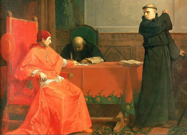 Luther in front of Cardinal Cajetan during the controversy of his 95 Theses, 1870