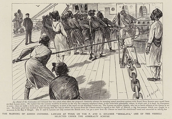 The Manning of Armed Cruisers, Lascars at Work on the P and O Steamer 'Himalaya', One of the Vessels selected under the Admiralty Scheme (engraving)