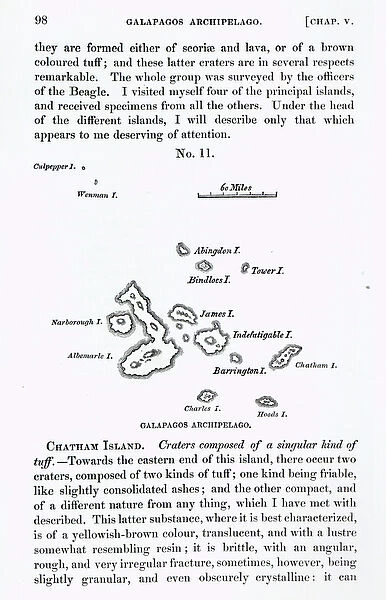 Map of the Galapagos Archipelago, 1844 (engraving) (b  /  w photo)