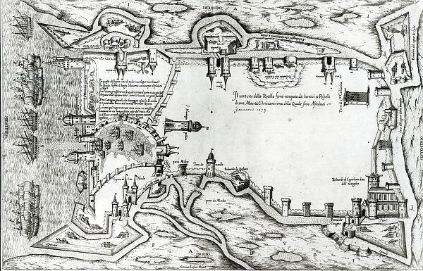 Map illustrating La Rochelle occupied by the Huguenots (engraving) (b  /  w photo)