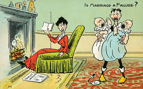 Is marriage a failure? Husband holding two screaming babies while his irritated wife tries to relax and read a book by the fireside (chromolitho)