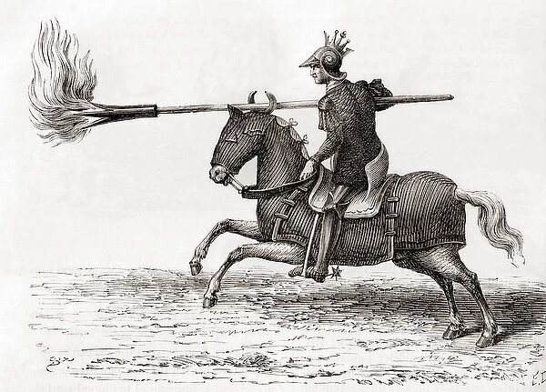 A medieval knight carrying a fire lance, or fire spear, one of the first gunpowder