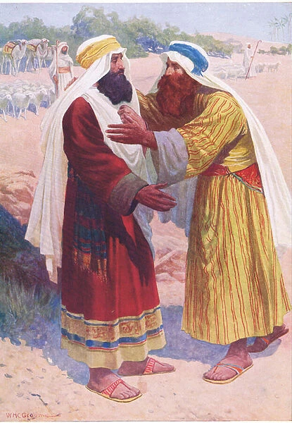 The meeting of Jacob and Esau, from The Bible Picture Book published by Thomas Nelson, c