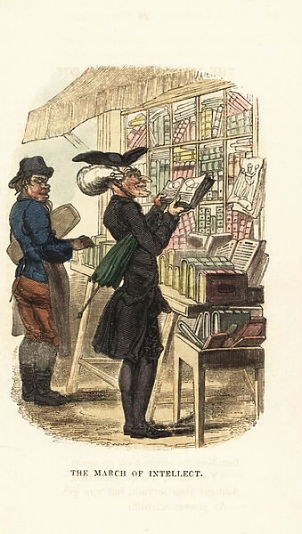 Men looking at books at a bookstall in Georgian London. 1831 (engraving)