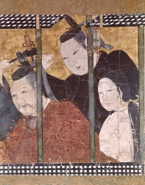 Two men and a woman behind an awning, detail from a screen, 15th-18th century (gouache