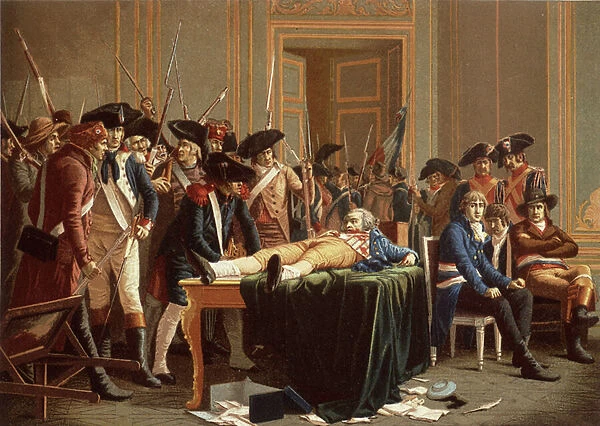 The morning of the 10th Thermidor Year II; Maximilien de Robespierre, with a fractured jaw, spread on a table (chromolitho)