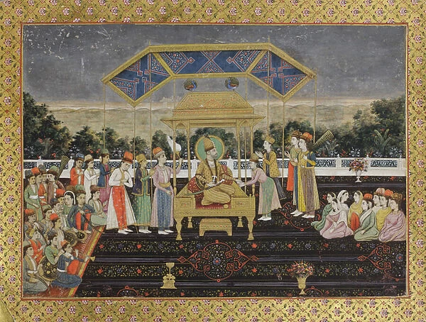 Nadir Shah on the peacock throne after his defeat of Muhammad Shah, c