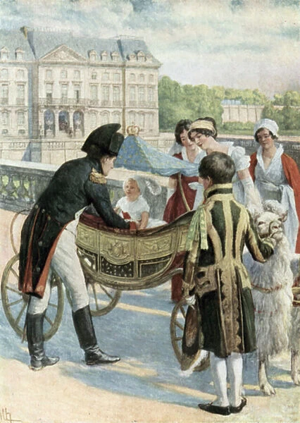 Napoleon and the King of Rome on the Terrace at Meudon (colour litho)
