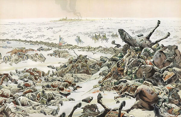Napoleon observing the slaughter at the inconclusive Battle of Eylau, February 1807 (colour litho)