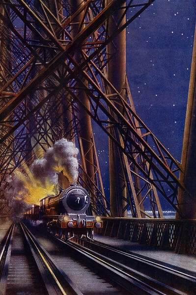 Night train crossing the Forth Bridge, Scotland (colour litho)