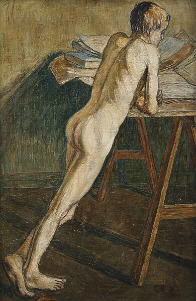 Nude Boy Standing; Stehender Knabenakt, (oil on canvas)