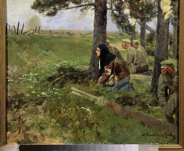 A nurse with the Russian troops, 1914-17 (oil on canvas)