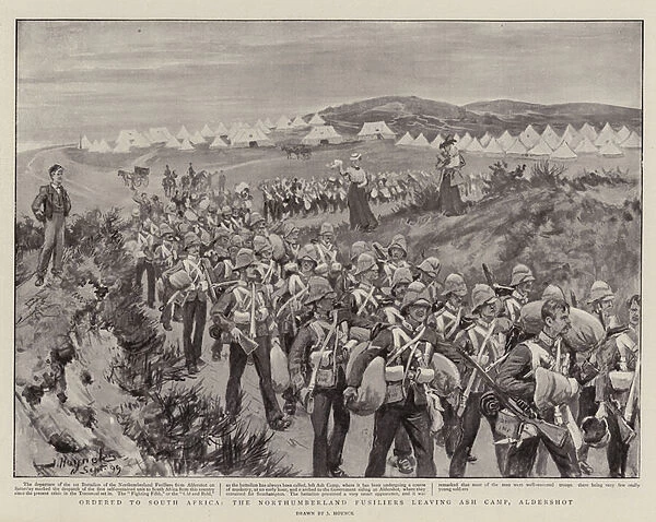 Ordered to South Africa, the Northumberland Fusiliers leaving Ash Camp, Aldershot (litho)