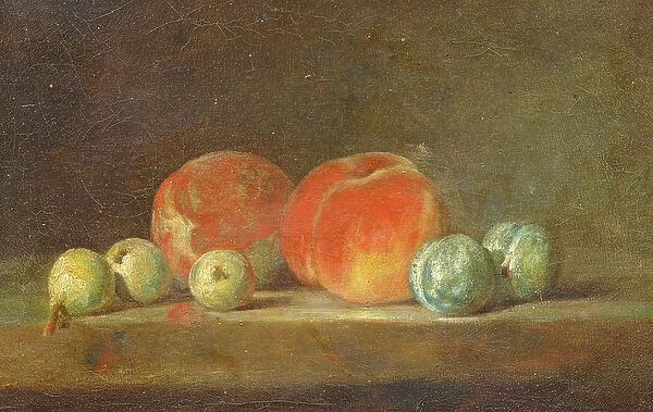 Peaches, Pears and Plums on a table (oil on canvas)