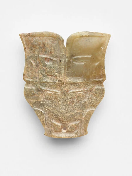 Pendant in the form of a mask, reworked, c. 1300-c. 1050 BC (jade with traces of cinnabar)