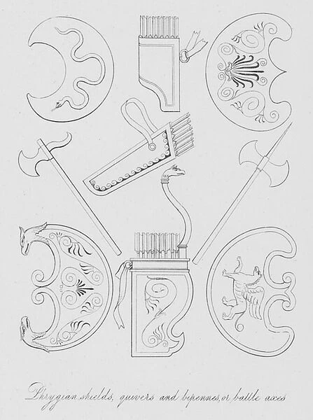 Phrygian shields, quivers and bipennes, or battle axes (engraving)