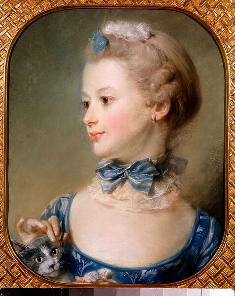 Portrait of a little girl with a cat - The young lady has a ribbon