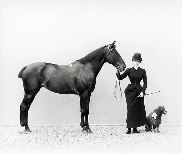 Portrait of Miss Walsh with a horse and a miniature poodle at Villa di Montefonte, in the Poggio Imperiale area of Florence, c. 1890 (glass plate)