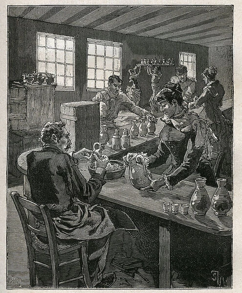 Pottery: filling pottery. Engraving from 1885 in '