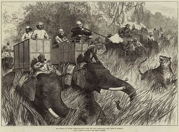 The Prince of Wales Tiger-Shooting with Sir Jung Bahadoor, the Critical Moment (engraving)