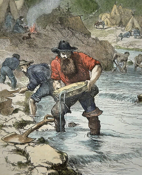 Prospectors panning for gold during the Californian Gold Rush of 1849 (coloured engraving